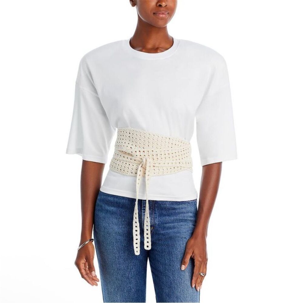NWT The Mannei Turso Crochet Trim Tee Shoulderpads Wrap Obi Belt Knit Top US 8